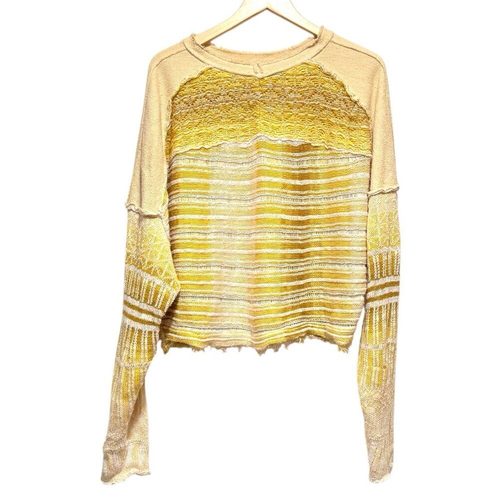 Free People Winnie Sz M Striped Yellow Cropped Boho Long Sleeve Linen Sweater - Picture 3 of 9